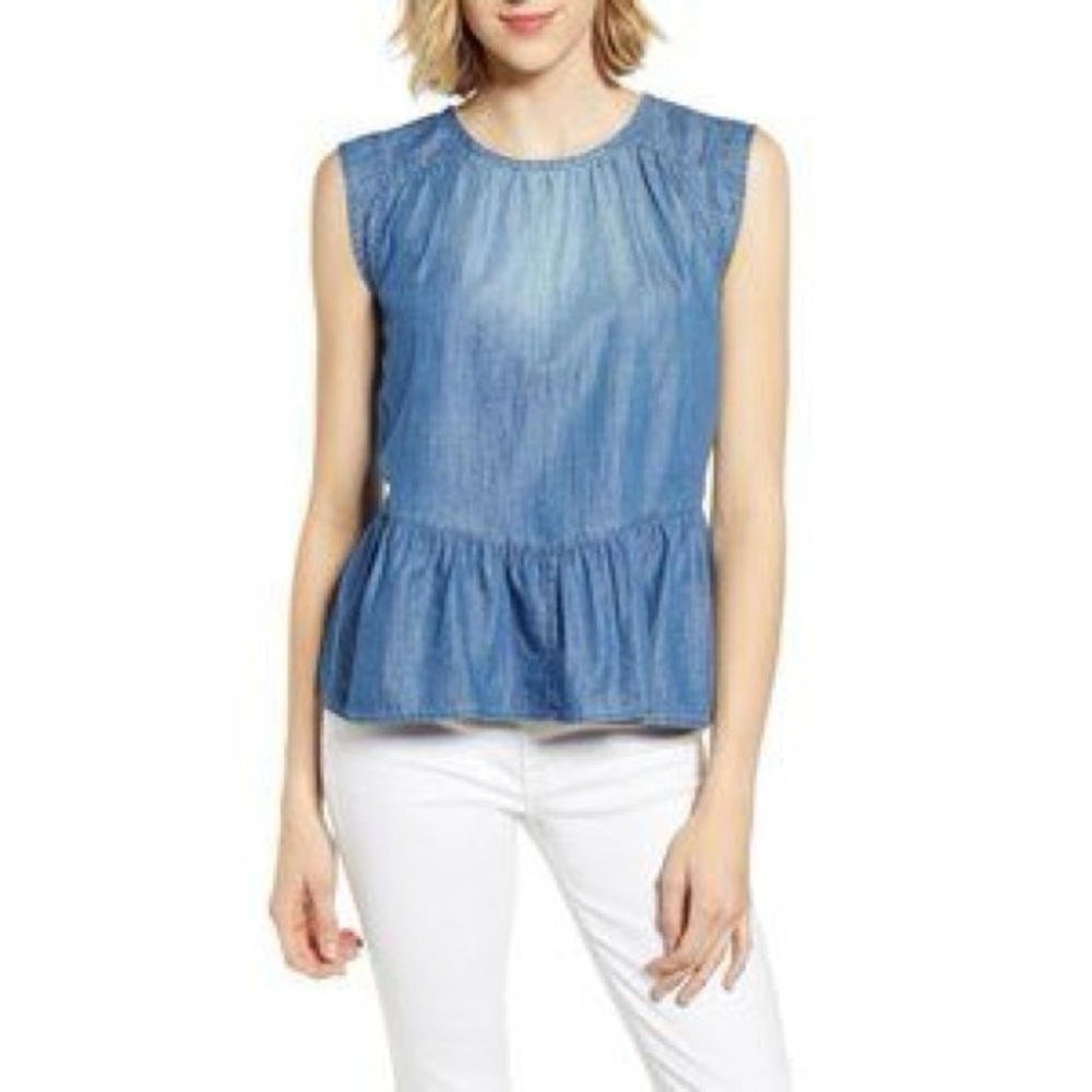 CASLON Denim Chambray Sleeveless Crew‎ Neck Keyhole Peplum Cottage
Boho Top SZ M